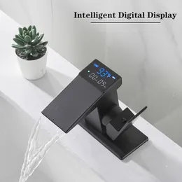 Schwarzer Wasserfall Digital Display Becken Waschbecken Wasserhahn heißes kaltes Wassertemperatur LED Waschtische Waschbecken auf Bad Deck Mixer Kran auf