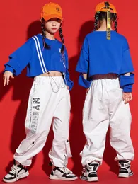 Girls Street Dance Costume Loose Hip Hop Dancewear Kpop Outfit Jazz Dancing Clothes Tracksuit Blue Tops White Pants YS2478