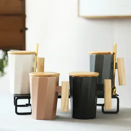 머그잔 330ml 목재 손잡이 세라믹 커피 머그잔 창조적 다각형 사무실 홈 밀크 티 컵 선물 간단한 기하학적 다각형