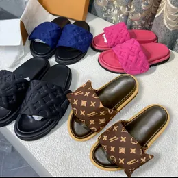 Designer Louiselviuton Pool Kissen Mules Beach Frauen Sandalen Sonnenuntergang Flach Komfort Maultiere gepolsterte vordere Gurtschuhe modische, leicht zu wearige Stilrutschen