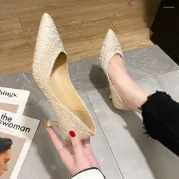 Kleiderschuhe 2024 Beige High Heels flacher Mund feiner Heeled Stiletto -Siebs Gummi dünner Baumwoll Mout