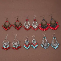 Retro Ethnic Tasse Earrings Blue Red Turquoise Long Bohemian Earrings Holiday Style Women's Tibetan Silver Color Dangle Earrings