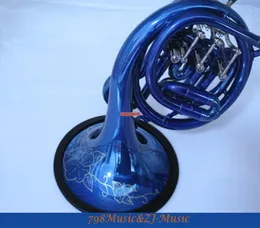 Nyaste vackra blå mini French Horn Engraving Bell BB Pocket Horn med Case Lorico Ring Mute51181545764030