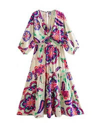 Traf Summer Women Floral Printed Dresses Elegant Vneck Beach Style Dress Hollow Out Aline Midcalf Party 240411