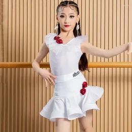 مرحلة ارتداء الأطفال Chacha Samba Rumba Dance Cloths White Latin Compety Dress Dressless Lace Top Top Jaints SL10057