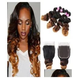 Human Hair Wefts With Closure Colored Brazilian Ombre Dark Brown Bundles Three Tone 1430 Loose Wave Blonde Weave Lace Closu4461409 Dro Otnmb