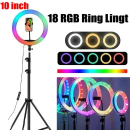 조명 RGB 18 컬러 3D LED 링 라이트가있는 삼각대 사진 조명 셀카 링 라이트 서클 램프 폰 스탠드 비디오 YouTuber