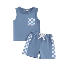 Kläduppsättningar småbarn baby pojkar sommarkläder ärmlöst checkerbräda tryck Vest Tank Topps Elastiska midjeshorts avslappnad outfit