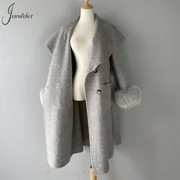 Jxwatcher Cashmere Coats Woman Winter 2022 New Style Real Fox Fur Cuffs Big Turndown Collar Belt Slim Elegant Long Trench Coat