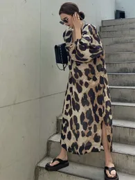 HWL Vintage Leopard Print Vneck Dress Split Dress Womens verão chiffon midlength saia casual vestidos soltos 240411