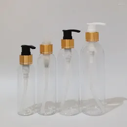 収納ボトル100ml 150ml 200ml 250mlプラスチック透明ローションポンプボトル金アルミニウムスクリューハンドサニタイザーシャワージェルコンテナ付き