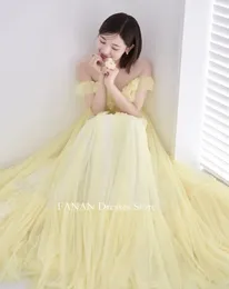 Party Dresses FANAN Off Shoulder Evening Korea Yellow Puff Sleeves A-Line Tulle Wedding Women Formal Gowns Event Prom