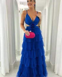 Sexy Long Royal Royal Blue V Vestidos de baile com deco