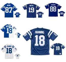 Dikişli Futbol Formaları 18 Peyton Manning 19 Johnny Unitas 88 Marvin Harrison 87 Reggie Wayne Mesh Mirası Emekli Retro Klasikler Jersey Erkek Kadın Gençlik S-6XL