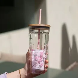 Top Drinkware cherry blossom cup pink bird song and floral fragrance double-layer glass straw cup large capacity water cup heat-resistant gift cup