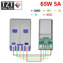 1/5 세트 PD 빠른 충전 유형 C USB 65W 5A 5Pin PCB + 유형 A 남성 5Pin USB DIY OTG 데이터 충전 키트를 사용한 남성 커넥터 용접