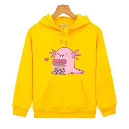 Knubbig axolotl tycker om bubbla te hoodie kawaii grafiska tröja barn kläder flickor y2k sudaderas pojkar hoodies unisex pullover