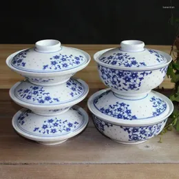 Миски 7/8 дюйма Jingdezhen Ceramic Soup Mowl Wid крышка Underglaze Синий и белый фарфоровый рамэн Винтажный китайский наводной посуду Tureens