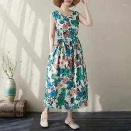 Casual Dresses Sleeveless Floral Holiday Outdoor Prairie Chic Travel Style Beach Dress Women Summer Thin Light Cotton Loose