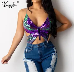 Sexy Sequin Butterfly Crop Top Women Tops Summer Tops Vintage Womens Lace Up Tank Top T Shirt Lackless ضمادة قصيرة امرأة الملابس 5019870