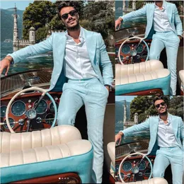 2023 Sky Blue Leinenmänner Anzüge Slim Fit Kerbe Revers Zwei Knöpfe 2 Teile Beste Männer Bräutigam Wedding Tuxedos Kostüm Homme