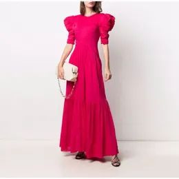 Frauenkleid rot und blau Crew Neck Blasen Ärmel versammelte Taille Rückenfreies Midi -Kleid