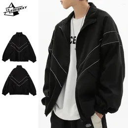 Herrjackor hiphop varsity jacka män kvinnor reflekterande ränder tunna löst vindbrytare gata överdimensionerad stand-up krage zip-up unisex