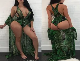 Yeşil Renk 2018 Kadın Moda Selva Desen Baskı Tulum Ploaksexy Rompers Bodysuits Tulumlar Dantel Yukarı Brezilya Plajı Bikinis 2p4481159