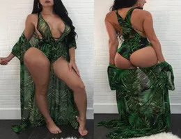 Green Color 2018 Women Fashion Selva Pattern Print Jumpsuit CloakSexy Rompers Bodysuits Jumpsuits Lace Up Brazil Beach Bikinis 2P4481159