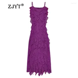 Lässige Kleider Zjyt Sommer Langer Urlaub für Frauen 2024 Landebahn Designer Spaghetti -Gurtkleid Rüschen Patchwork sexy Strand Vestidos