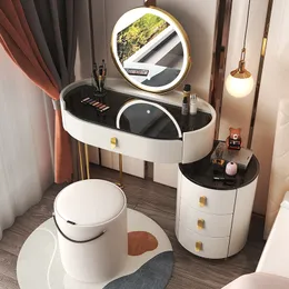 Multifunctional Small Apartment Makeup Table Vanity Desk Modern Cabinet Dresser LED Mirro Makeup Household Bedroom Makeup Stool