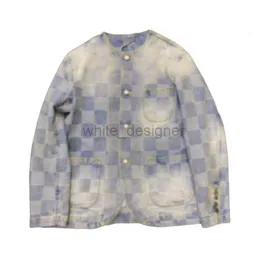 남자 재킷 디자이너 코트 2024 New Checkerboard Collarless Denim 재킷 남성용 여성용 코트 탑을위한 다목적 세련된 중국 스타일 벨 바지