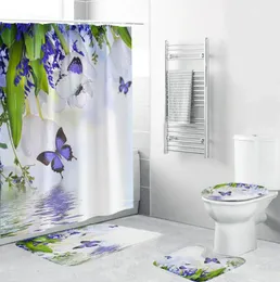 Tende per doccia 180 180 cm Fiori di farfalla viola set di tende in poliestere in tessuto in poliestere tappeto per bagno tappeto da bagno tappetino da bagno