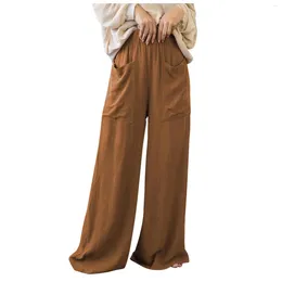 Kobiety Pants Women Casual szeroko nogi solidną przednią kieszonkową letnią wysoką talię długi luźne odpady palazzo salon ropa mujer