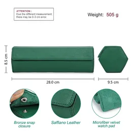 Topp 2/3/4Slots Watch Roll Box Saffiano äkta läderklocka Travel Roll Box Jewelry Storage Organizer Green Portable Watch Case