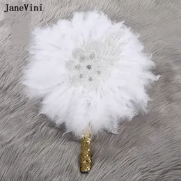 Janevini African Turkey Feather Green Bridal Bouquets Fan z cekinami Artificial Feather Fan for Dance Wedding Party Dekoracja