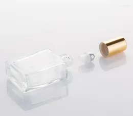 Lagerflaschen 240pcs 15 ml quadratisch klare Glasrolle auf Flasche mit Goldkappe Edelstahlrolle für ätherische Öl Parfüm SN241