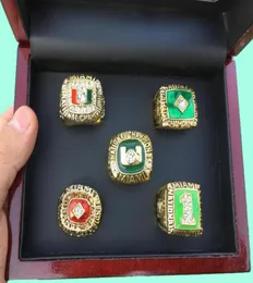 5 PCs 1983 1987 1989 1991 2001 Miami Hurricanes Naval Naving Ring Set com fã de estampa da caixa de exibição de madeira presente 2019 Drop Shipping3447243