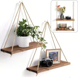 Dekorative Teller 1PC Holzschwung Hanges Seil Wandregale montiertes schwimmendes Haus Wohnzimmer Pflanze Blumenkabine Aufbewahrung Garten Garten