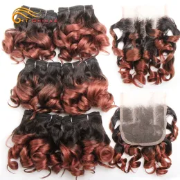 Ombre peixes de cabelo encaracolados com encerramento dos pacotes de tecedão de cabelo brasileiro com fechamento 1b/27/4/30/33/99J coloridos com renda fechada