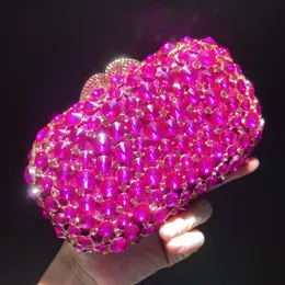 Ny ankomst Fuchsia Rhinestone Women Evening Bag Luxury Hot Pink Crystal Wedding Bags Bridal Clutches Lady Diamond Handväskor