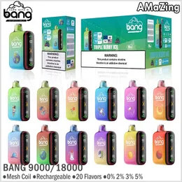 Original Bang Dual -Modi 9000 18000 Puffs Einweg -Vape -Bar -Kit wieder aufladbarer Maschenspulen E -Zigaretten 0% 2% 3% 5% Vaper 12 Aromen Puff 9k 18k mit Animationsbildschirm