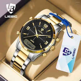 Armbandsur liebig mode casual klocka män digital dubbel tid vecka guld rygg ljus sport 3bar vattentät kvarts klocka relogio