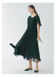 Party Dresses Green Double Layer Georgette Silk O-neck Lotus Leaf Short Sleeve Three-dimensional Pleated Large Swing Summer Dress AE1671