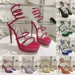 デザイナードレスシューズナローバンドサンダルRene Caovilla Rhinestone Crystal Serpentine Winding Shoes Luxury Stileetto Heel Womens Rome Sandal With Box