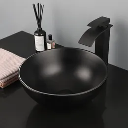 Zappo Modernt badrumsfartyg Sink Round Black Ceramic Wash Basin Sink Bower Bänk Badrum Sänkor med svart vattenfallblandare