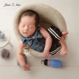 Byxor Jane Z Ann Newborn Baby Blue Denim Fashion Cool Boy Twins Brother Vest +Sports Pants Set Studio Shooting Accessories