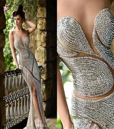 2020 New Bling Rami Salamoun Split Evening Dresses Illusion Neck Cheer Major Crystal Gheath Gheat Skirt Celebrity Party PR9679167
