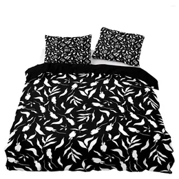 Bettwäsche -Sets kurz schwarze Bettdecke -Abdeckungs -Set Doppelte zweier Größe mit Kissenbezug für 3D -Weißblätter Druckhaustextilien