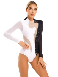 Womens Figure Skating Leotard Costume Sparkling Rhinestone Long Sleeve Bodysuit Gymnastics Acrobatics Lyrical Ballet Dancewear